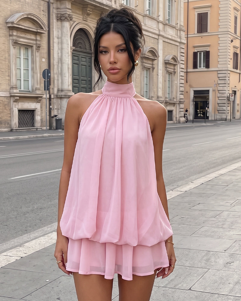 Solid Backless Halter Ruffle Dress