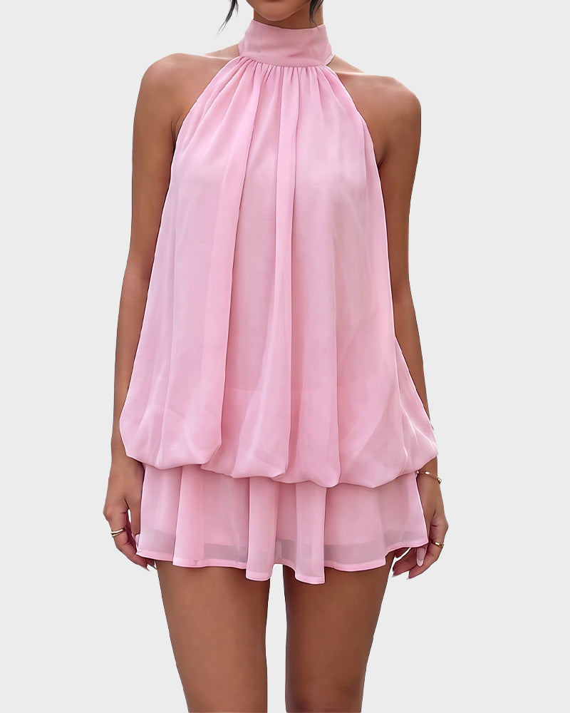 Solid Backless Halter Ruffle Dress