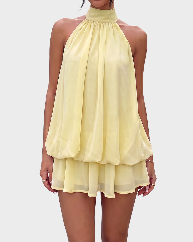 Solid Backless Halter Ruffle Dress