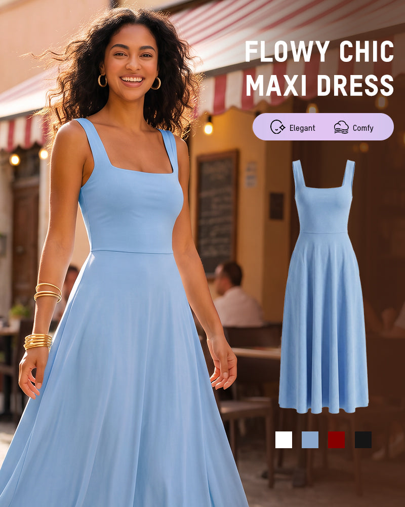 Square-Neck Back-Tie A-Line Midi Dress