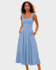 Square-Neck Back-Tie A-Line Midi Dress