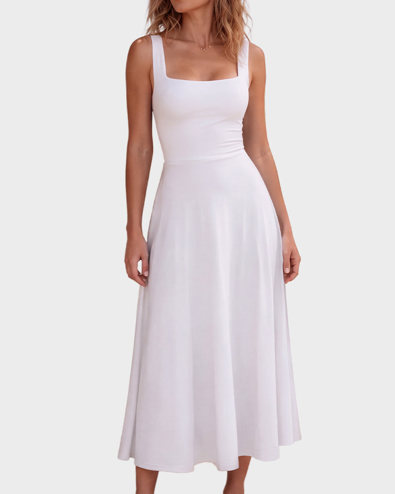 Square-Neck Back-Tie A-Line Midi Dress