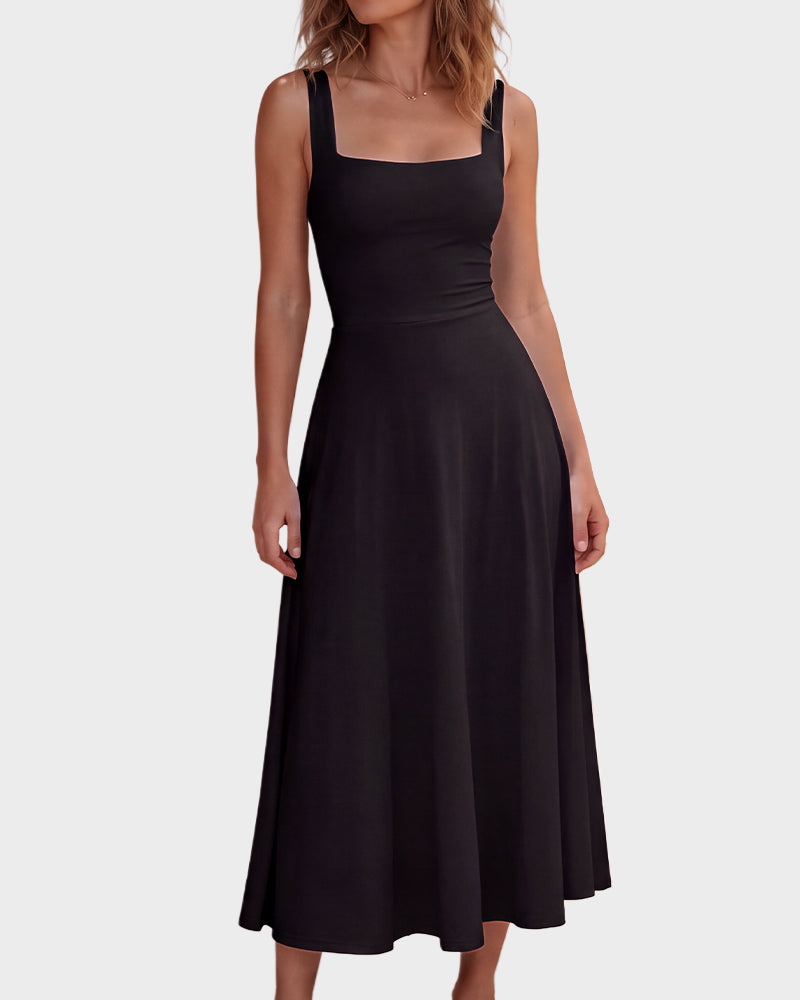 Square-Neck Back-Tie A-Line Midi Dress