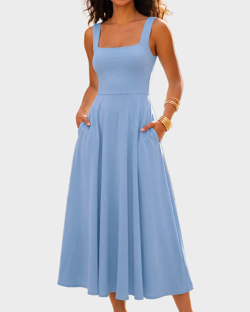 Square-Neck Back-Tie A-Line Midi Dress