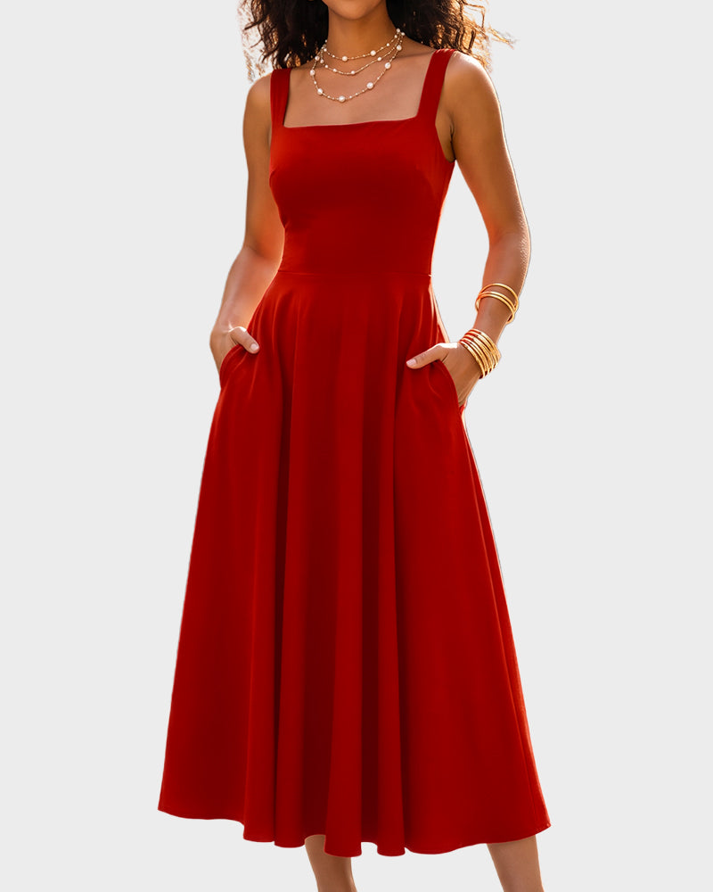 Square-Neck Back-Tie A-Line Midi Dress
