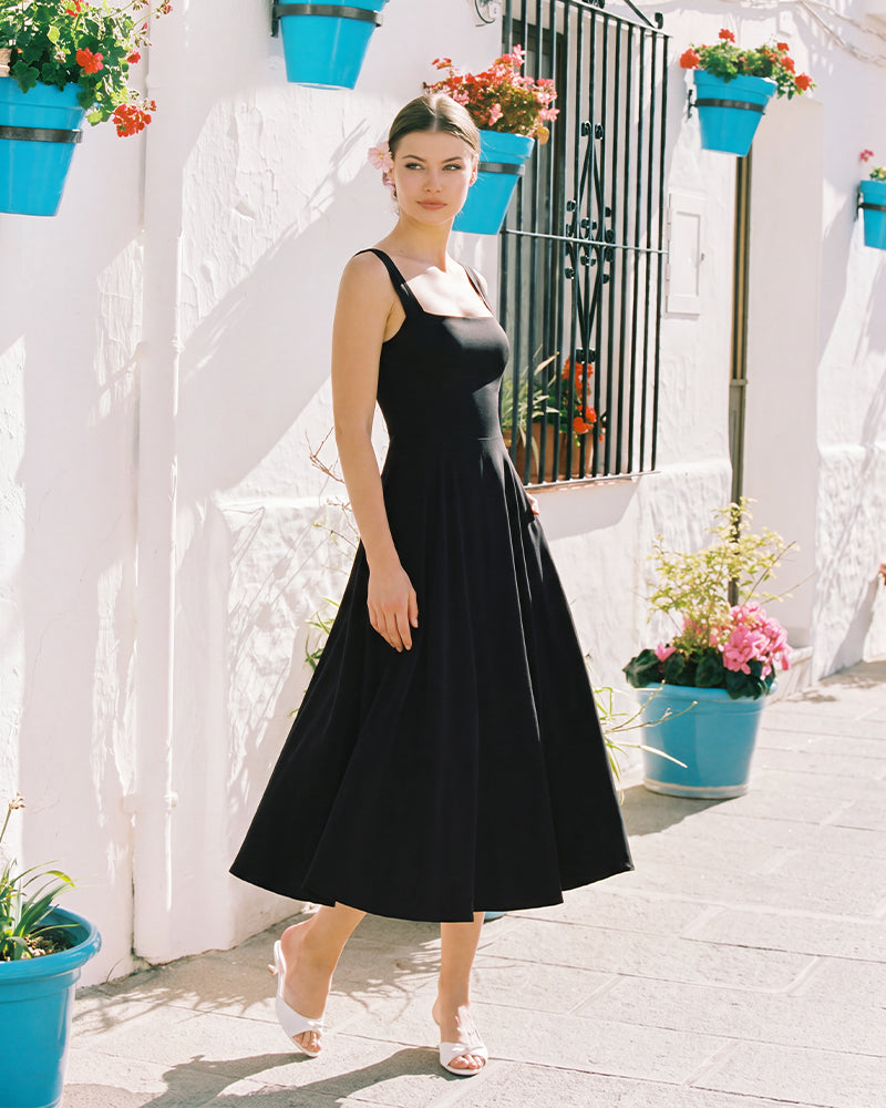 Square-Neck Back-Tie A-Line Midi Dress