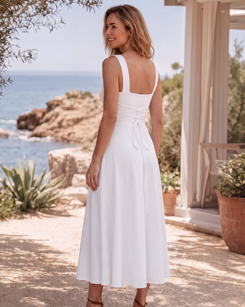 Square-Neck Back-Tie A-Line Midi Dress
