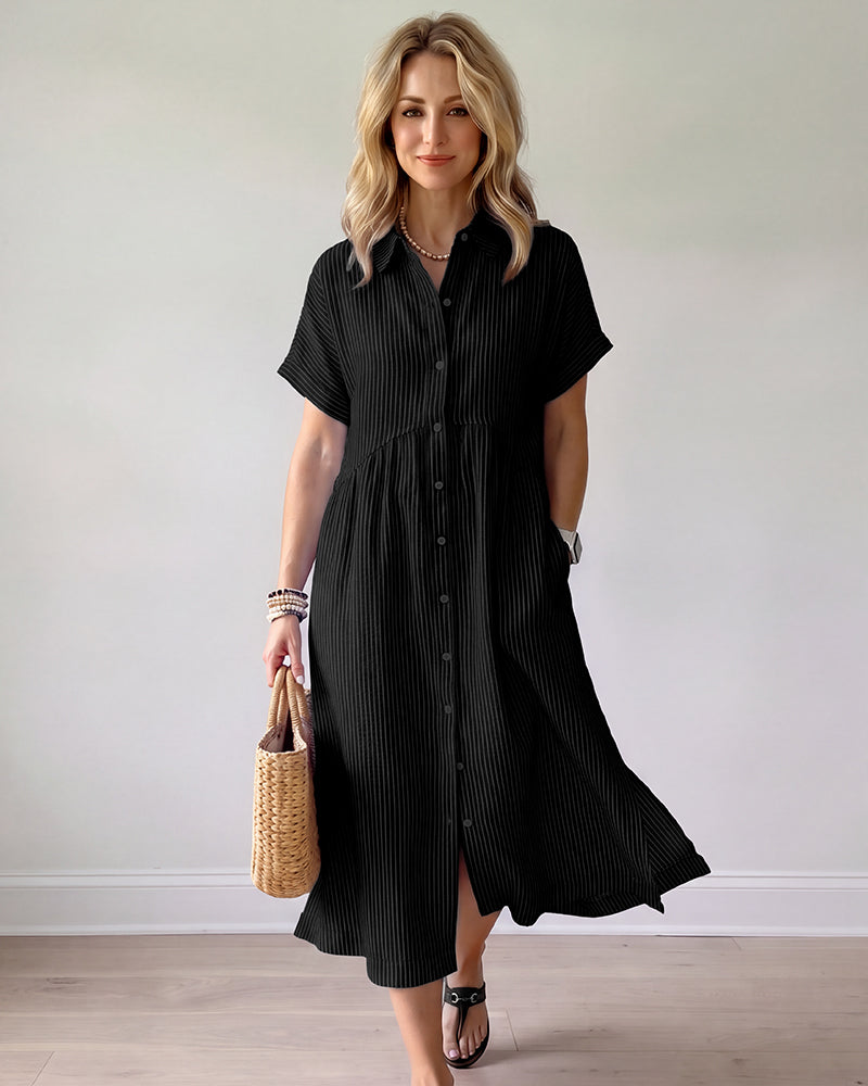 Striped Cotton Button-Front Midi Shirt Dress