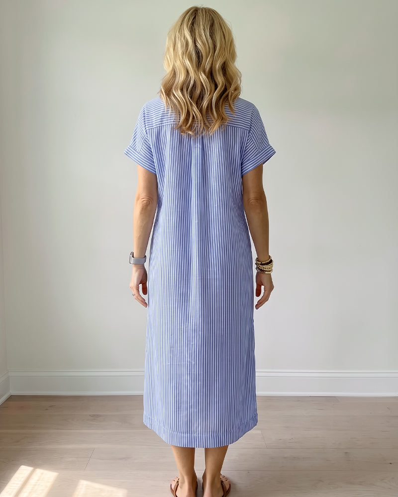 Striped Cotton Button-Front Midi Shirt Dress