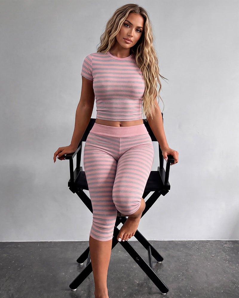 Striped Crop Top & Capri Leggings Set