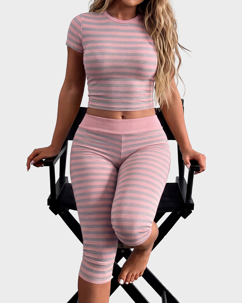 Striped Crop Top & Capri Leggings Set