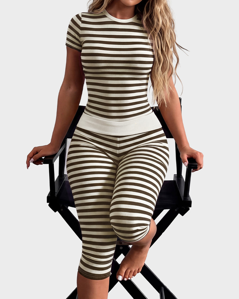 Striped Crop Top & Capri Leggings Set