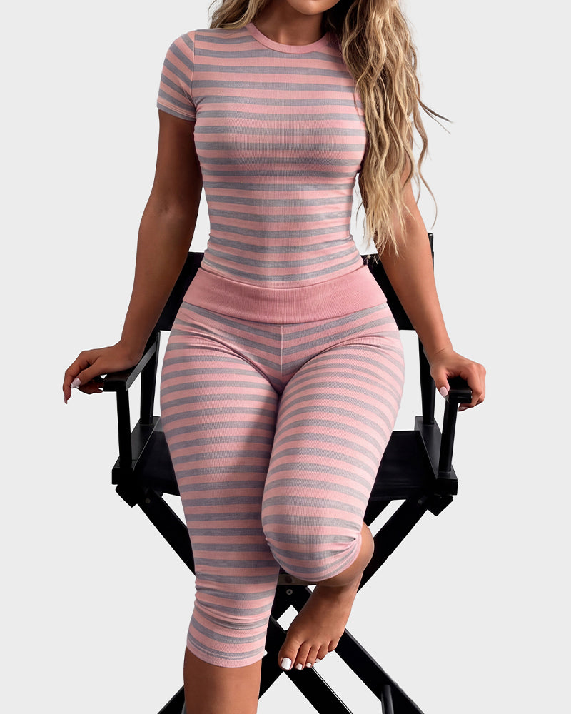 Striped Crop Top & Capri Leggings Set