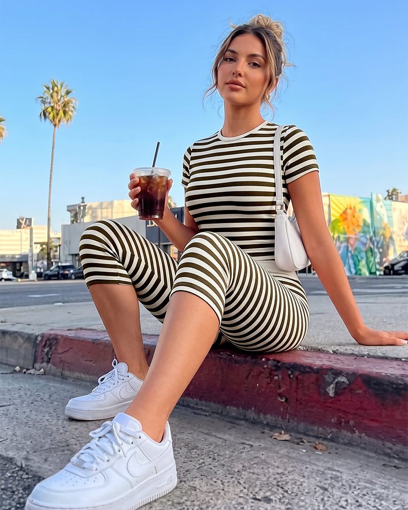 Striped Crop Top & Capri Leggings Set