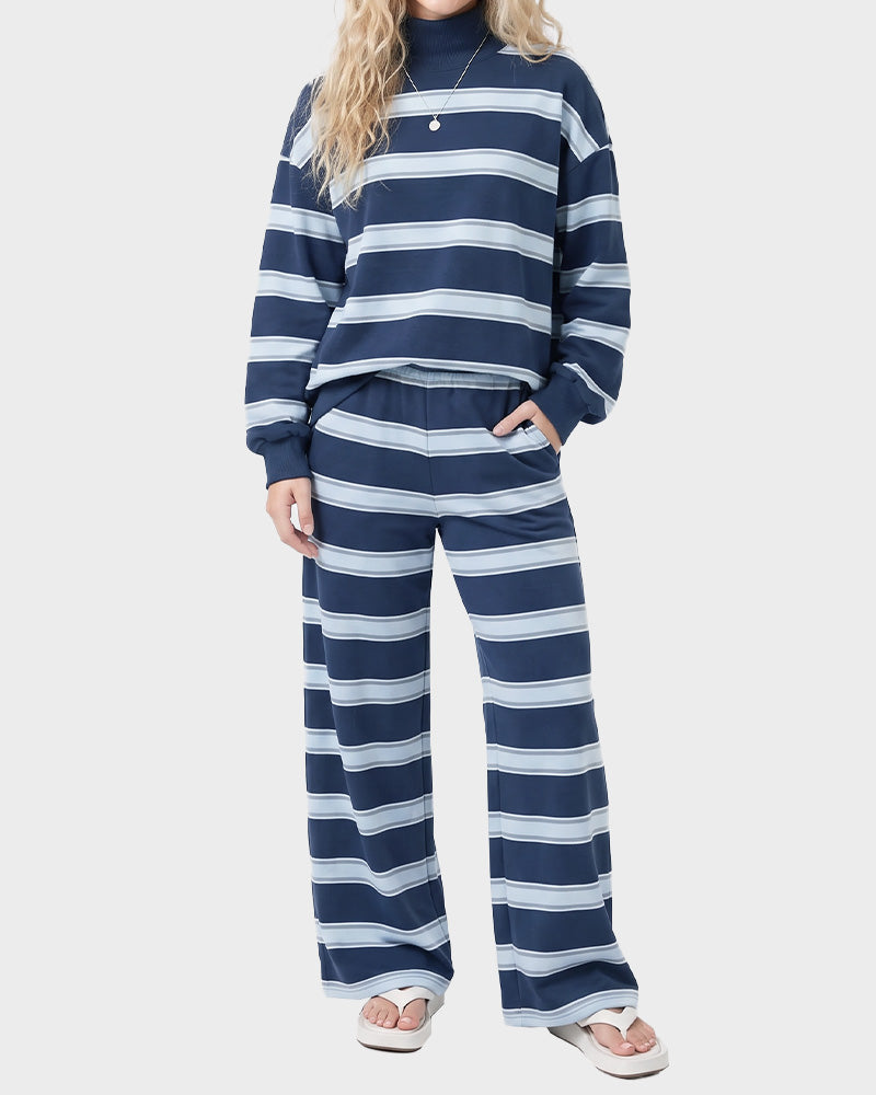 Striped Mock Neck Drop-Shoulder Two-Piece Set