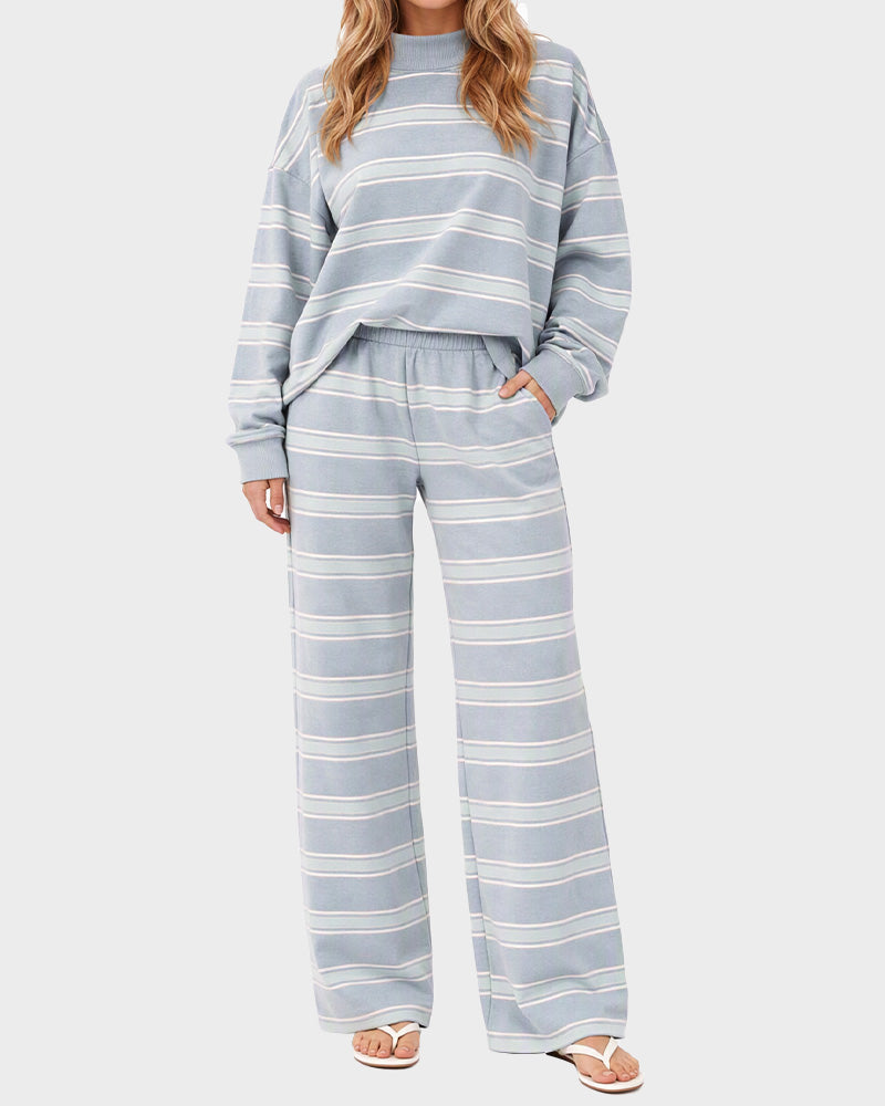 Striped Mock Neck Drop-Shoulder Two-Piece Set
