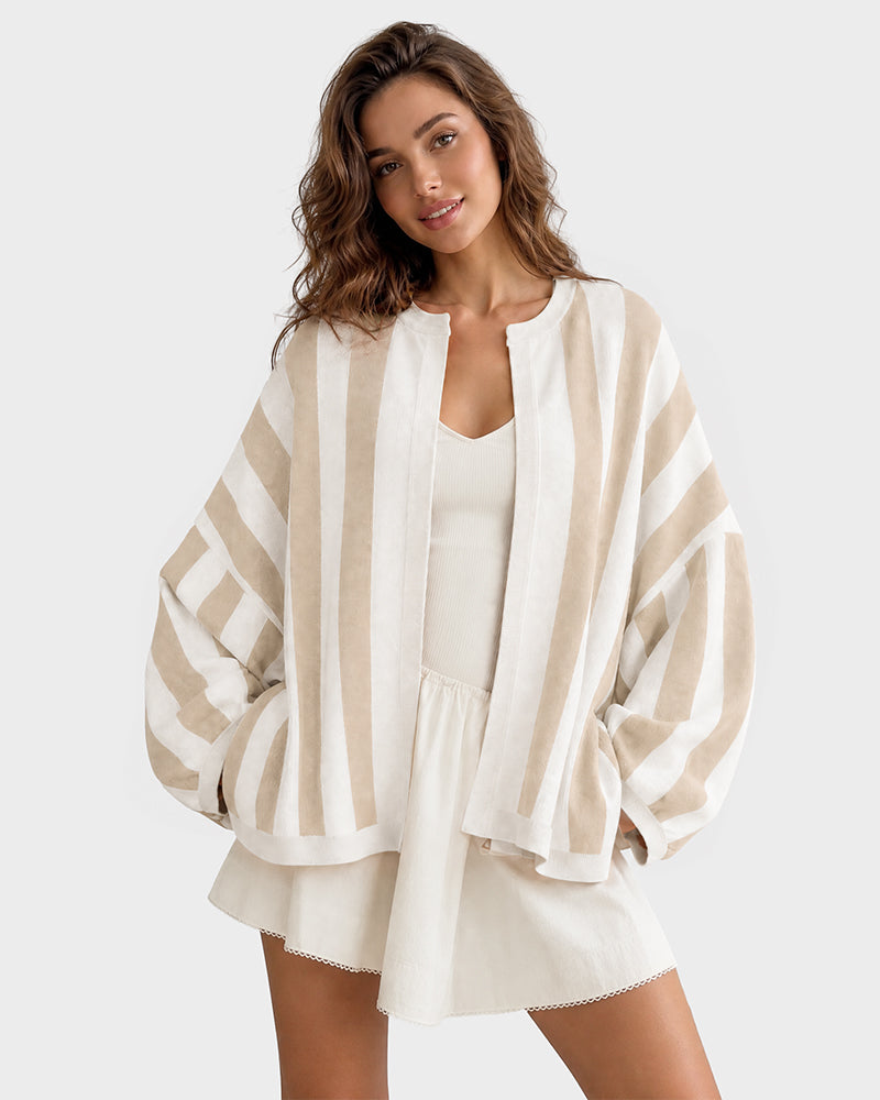 Striped Open-Front Knit Cardigan with Balloon Sleeves