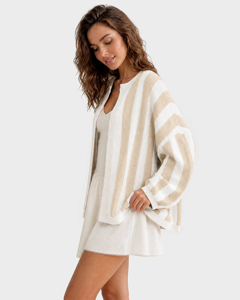 Striped Open-Front Knit Cardigan with Balloon Sleeves