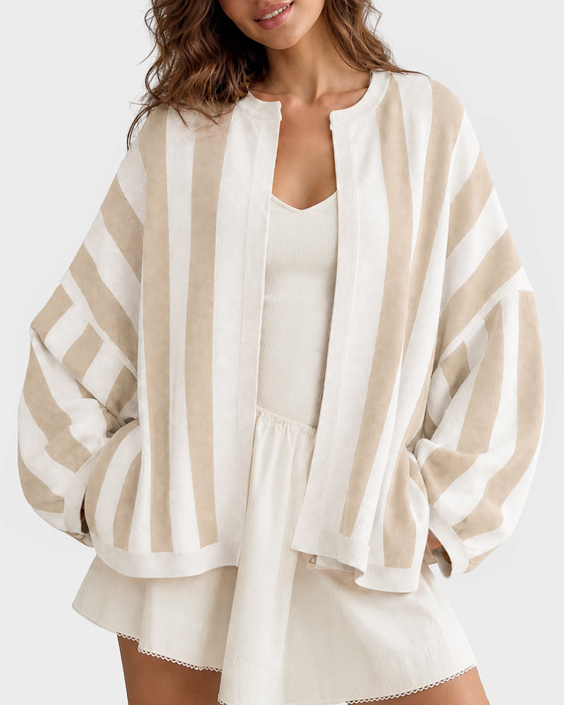 Striped Open-Front Knit Cardigan with Balloon Sleeves