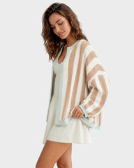 Striped Open-Front Knit Cardigan with Balloon Sleeves