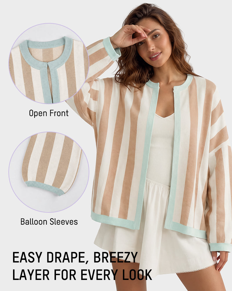 Striped Open-Front Knit Cardigan with Balloon Sleeves