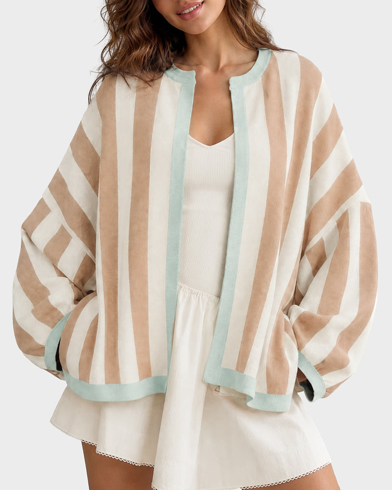 Striped Open-Front Knit Cardigan with Balloon Sleeves