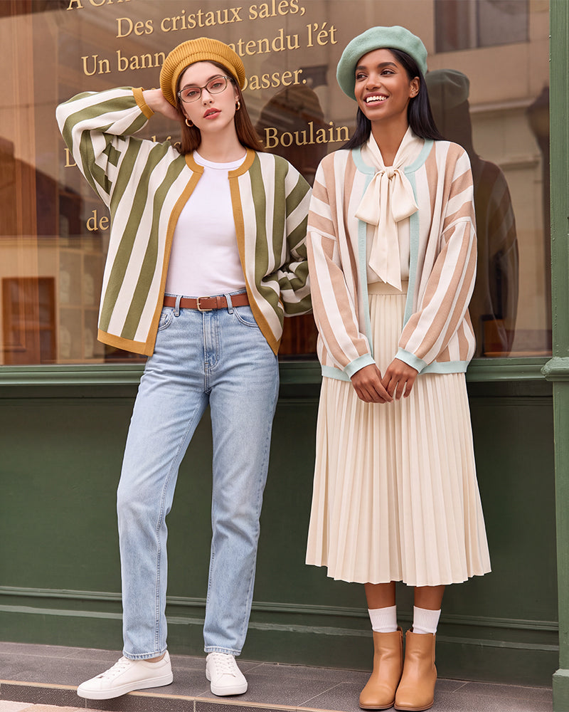Striped Open-Front Knit Cardigan with Balloon Sleeves