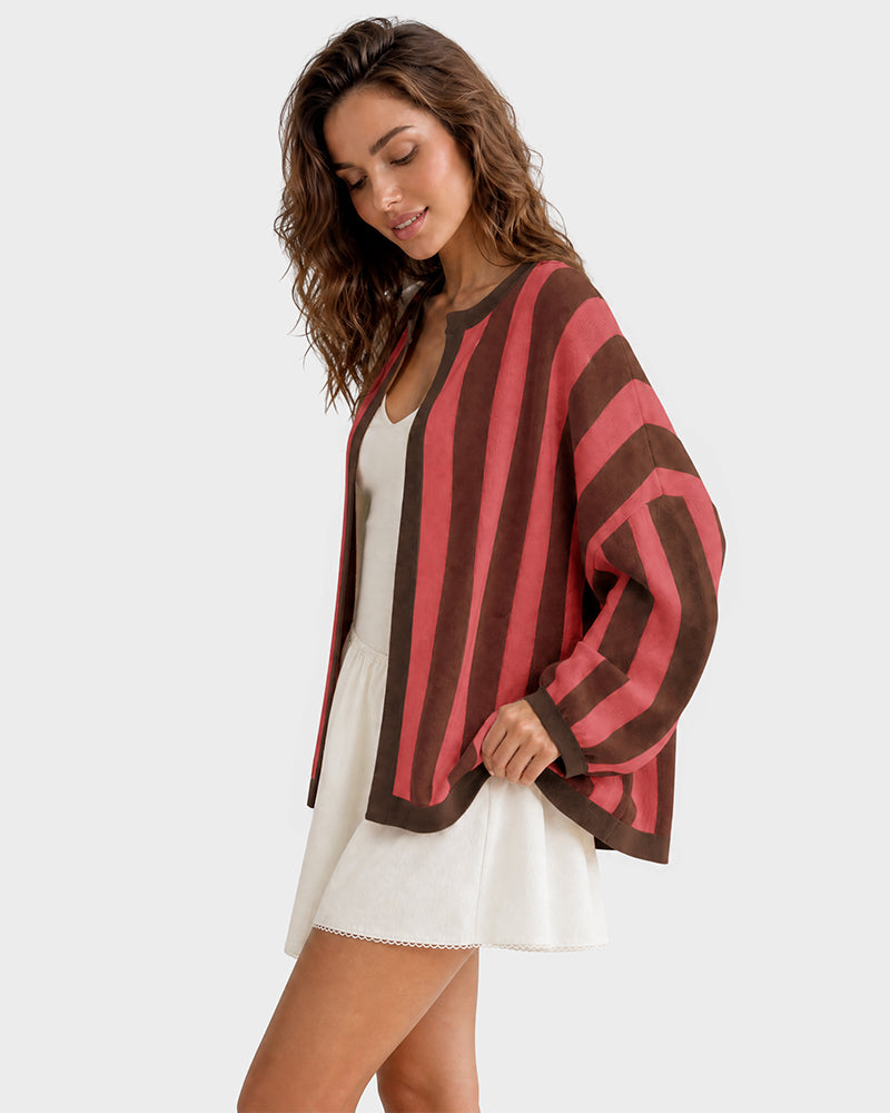 Striped Open-Front Knit Cardigan with Balloon Sleeves