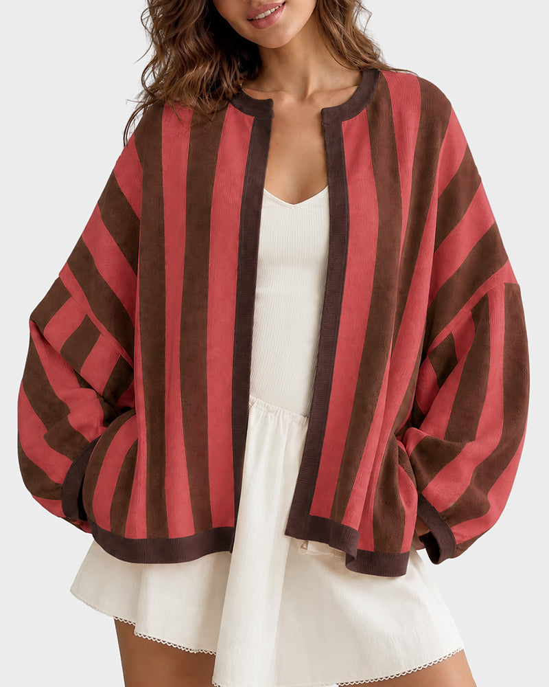Striped Open-Front Knit Cardigan with Balloon Sleeves