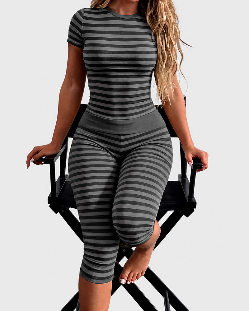 Striped Crop Top & Capri Leggings Set