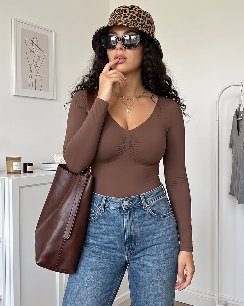 V-Neck Long-Sleeve Seamless Shaping Bodysuit