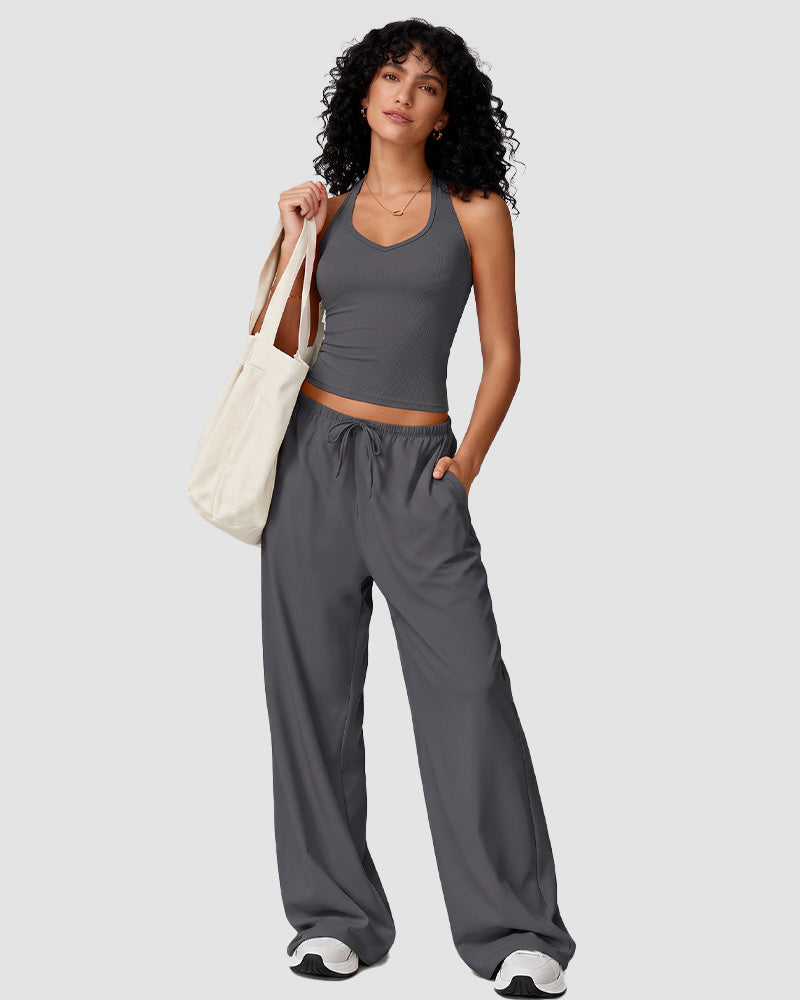 V-Neck Strappy-Back Top & Wide-Leg Pants Set
