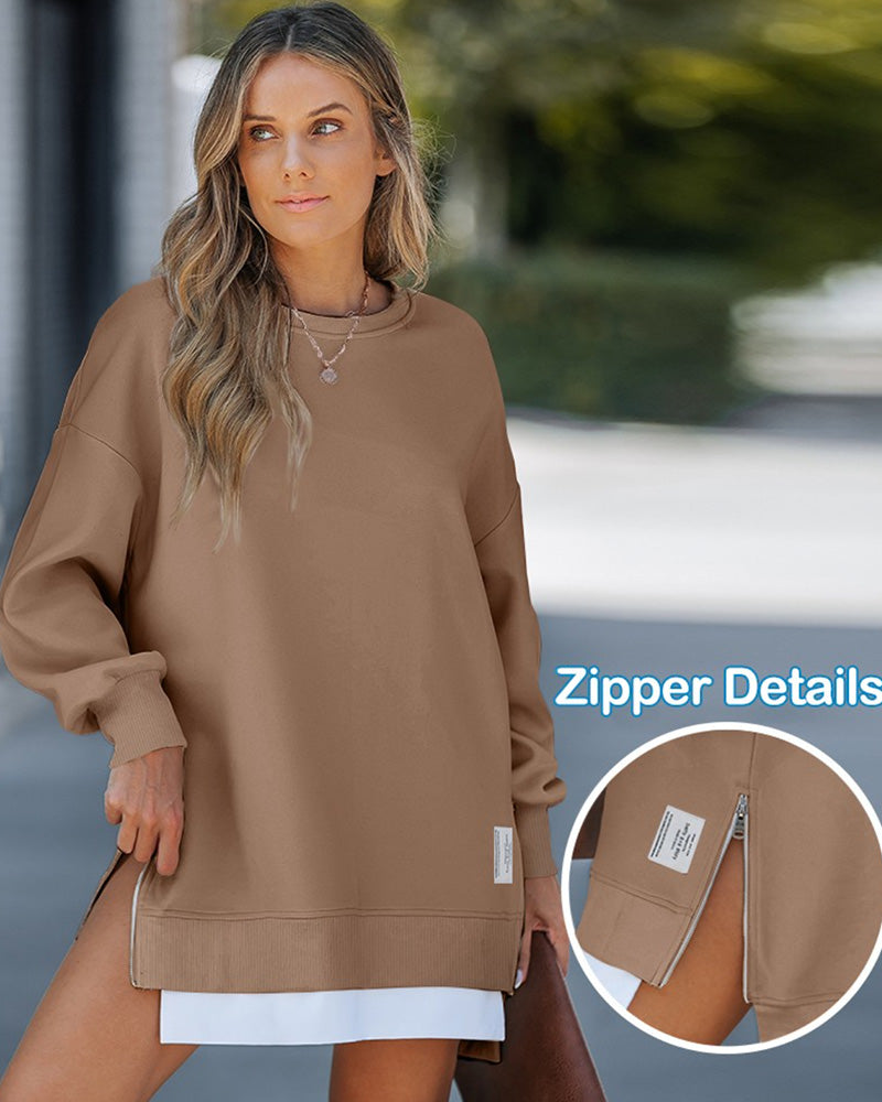 Casual Long Sleeve Zipper Slit Oversized Sweatshirt