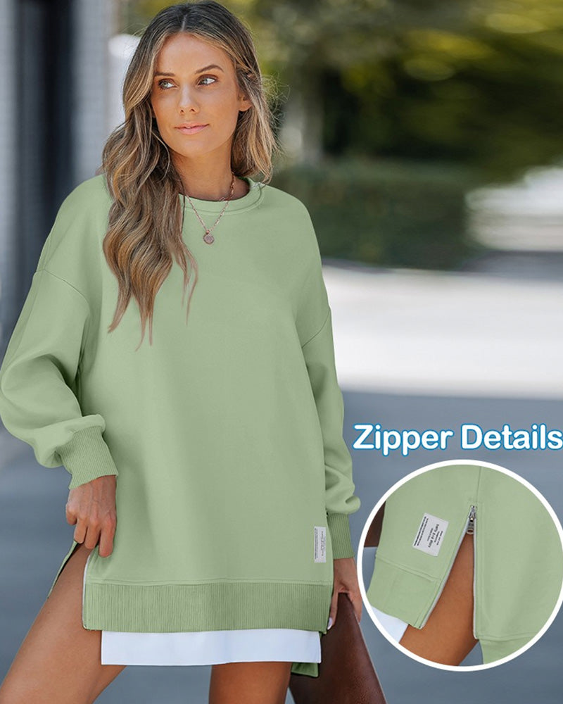 Casual Long Sleeve Zipper Slit Oversized Sweatshirt