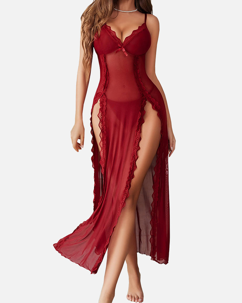 SheCurve® Sexy Mesh V Neck Side Split Nightdress