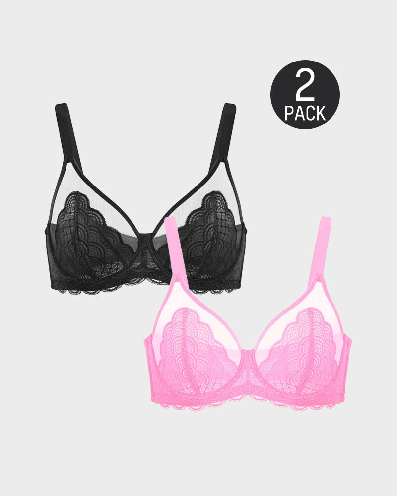 SheCurve®Full Coverage Lace Minimizer Bra - 2pcs(Black+Pink)