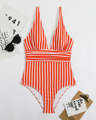 SheCurve® Striped Plunging Neck Swimsuit