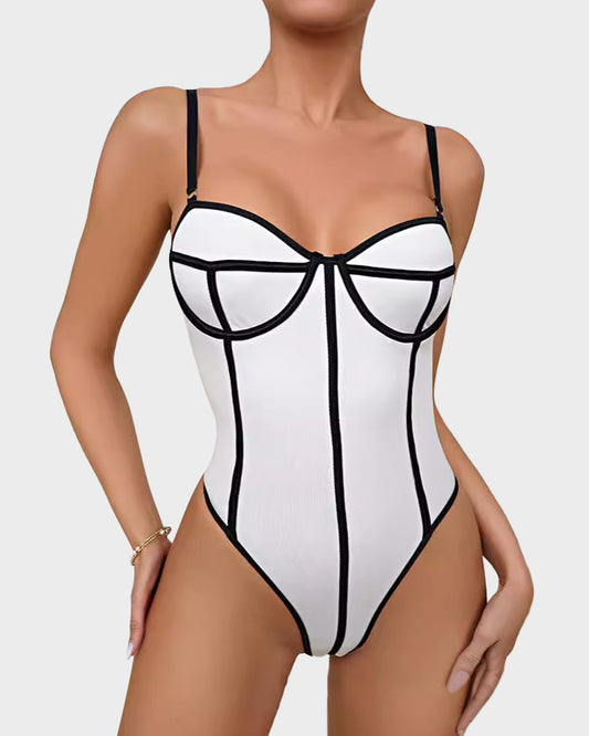 Stylish Contrast Trim Snatching Low Back Bodysuit