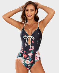 Deep V Bow Tie Floral Printed Swimsuit