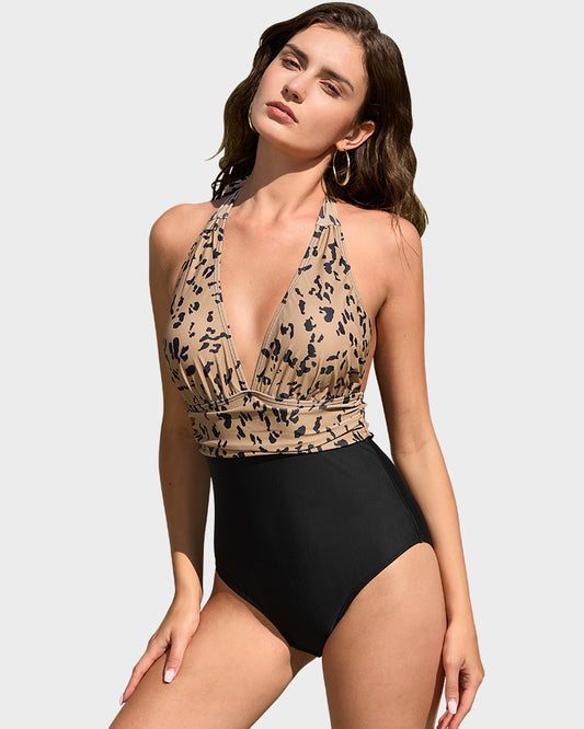 Deep V Halter Neck Leopard Print Swimsuit