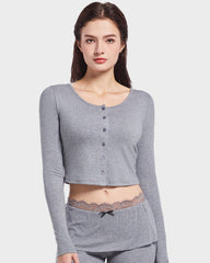 Modal Ribbed Cotton Button Down Long Sleeve Crop Top