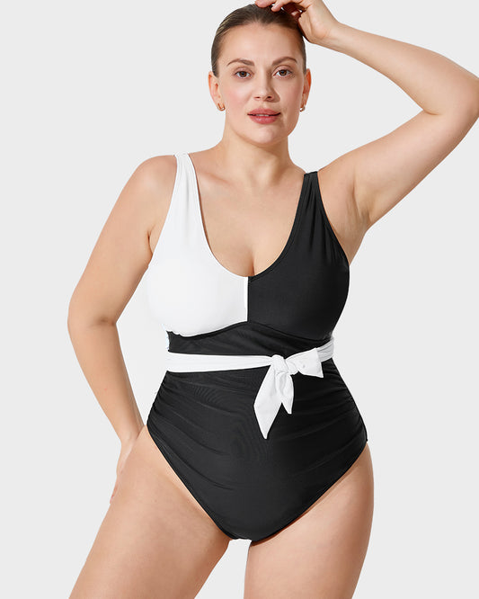 Color-Blocked Belted One-Piece Swimsuit