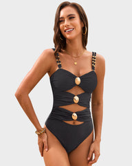 Gold Beads Detailing Cut-Out Ruched One Piece Swimsuit