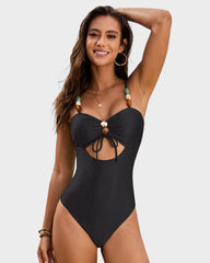 Stylish Beaded Satin Cut-Out Swimsuit