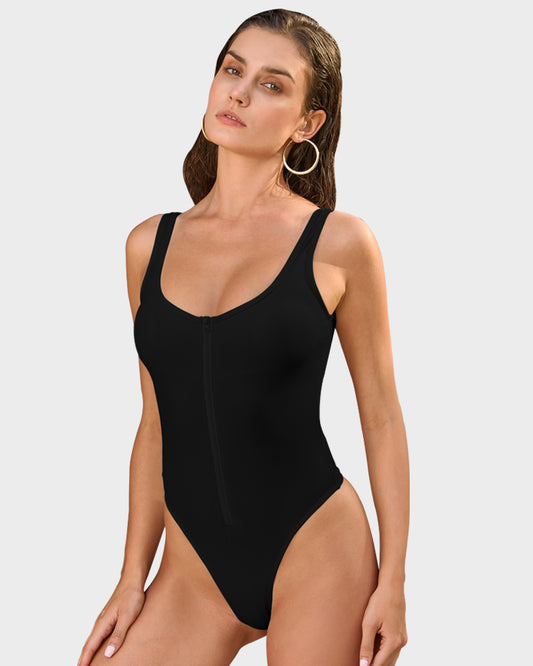 Zip Front Tank Thong Back One-Piece Swimsuit