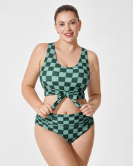 Green Checkered Knot Crop Top Bikini Set with Shorts (3-Piece Set)