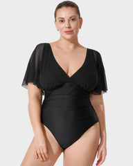 Deep V Mesh Ruffle Sleeve One-Piece Swimsuit