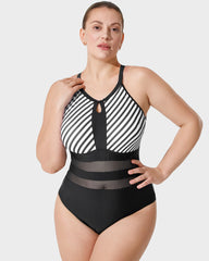 Halter Neck Stripes Mesh Insert One-Piece Swimsuit