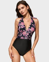 Deep V Halter Neck Backless One-Piece Swimsuit