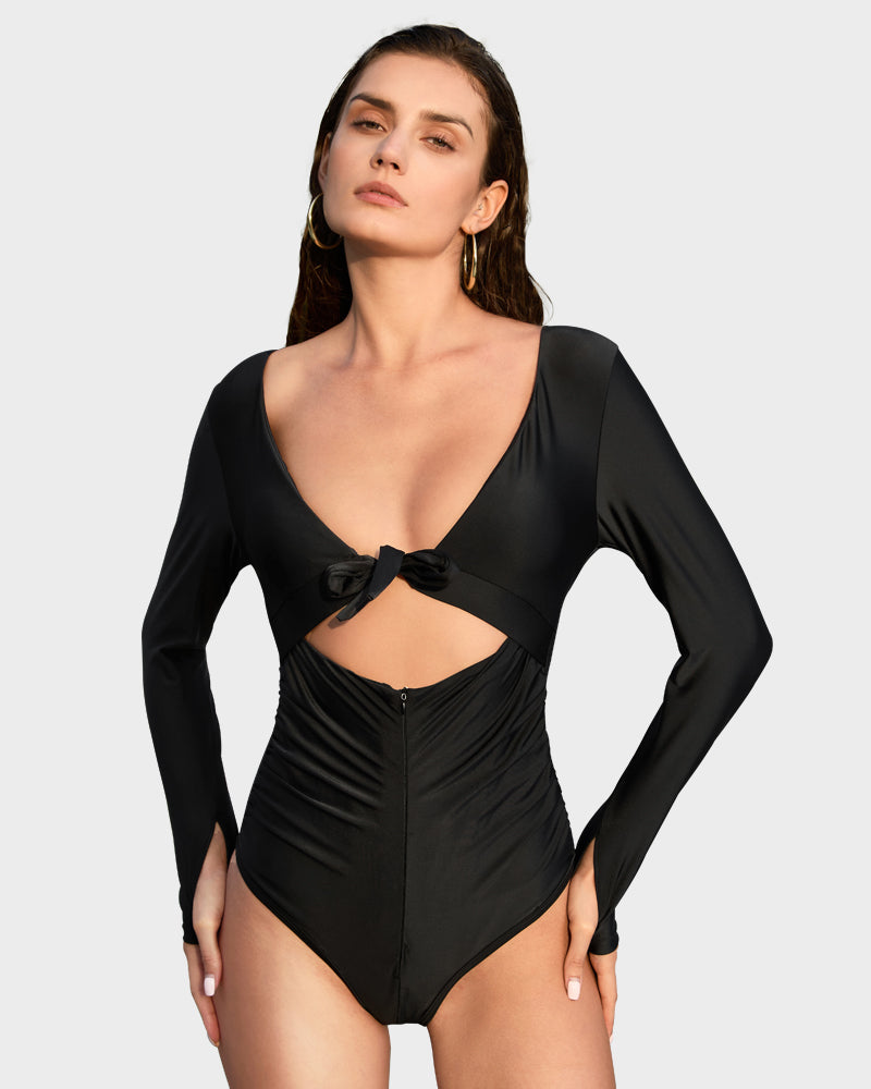 Long Sleeve Front Tie Swimsuit with Built-In Shapewear